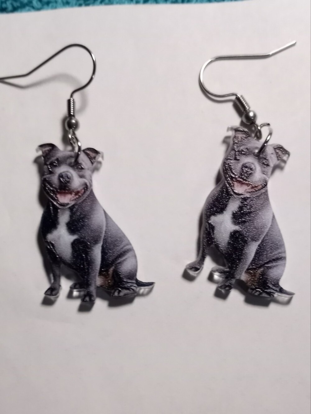 Pitbull Dog Print Dangle Earrings - Gray and White Puppy Design